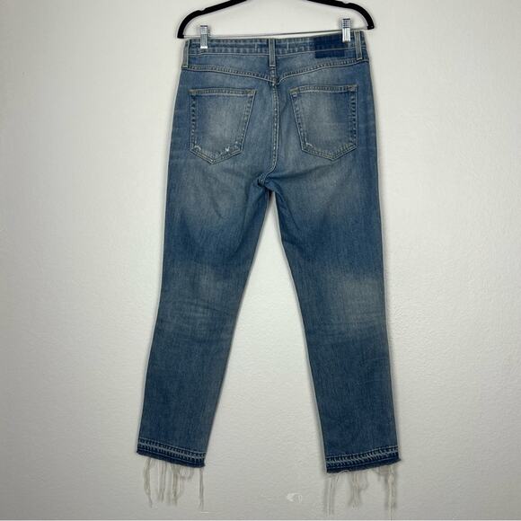 AMO | Babe Jeans in Keepsake Blue Patch Distressed Raw Hem Cropped Grunge 30 - Picture 8 of 11